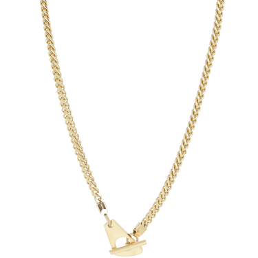 Gold necklace with a small pendant on a white background