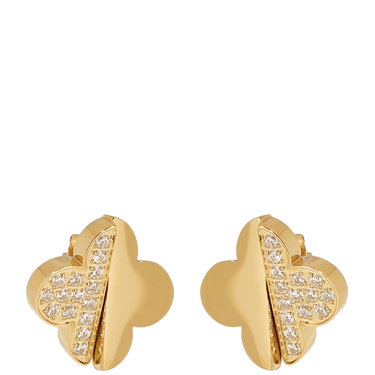 Gold earrings with diamond accents on a white background