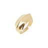 A polished gold-toned metal ring with a wide, sculptural, open band design, shown on a light gray background.