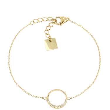 Gold bracelet with a small square charm on a white background
