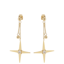Gold star-shaped earrings with chain drops on a white background