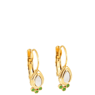 Gold earrings with white stones and green accents on a white background
