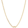 Gold chain necklace with a small rectangular pendant on a white background