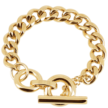 Gold chain bracelet with a lock on a white background