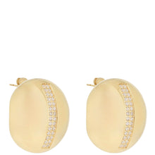 Gold earrings with diamond accents on a white background