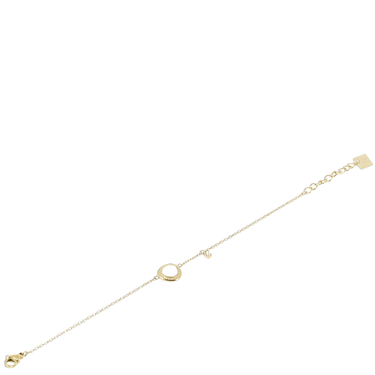 Gold bracelet with small heart and circle charms on a white background
