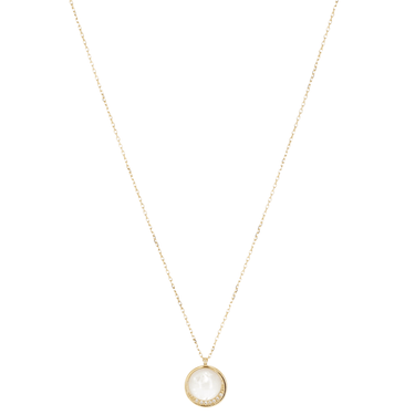Gold necklace with a round pendant on a white background