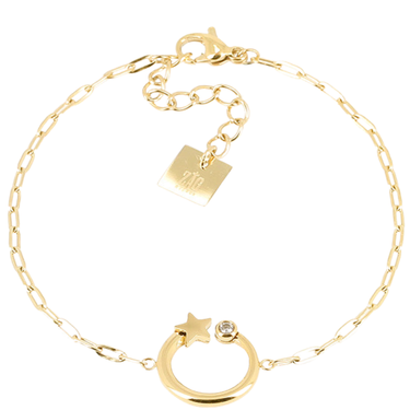 Gold bracelet with star and circle charm on a white background