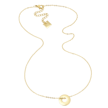 Gold necklace with a small round pendant on a white background