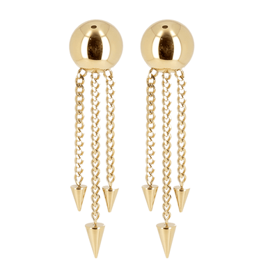 Gold earrings with spherical tops and chain drops featuring cone-shaped pendants on a white background.