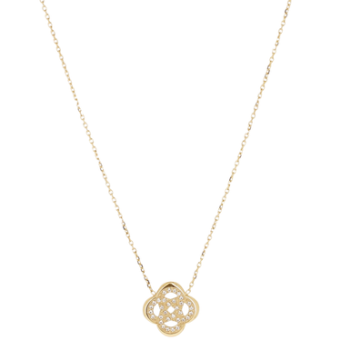 Gold necklace with a clover-shaped pendant on a white background