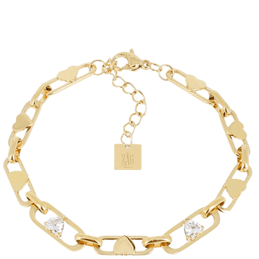 Gold chain bracelet with heart and diamond-shaped links on a white background
