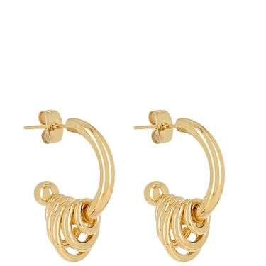Gold hoop earrings with interlocking design on a white background