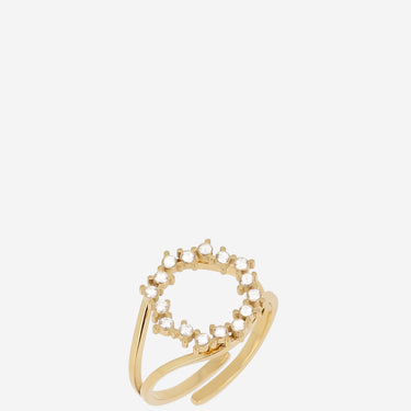 Gold ring with a unique design on a white background