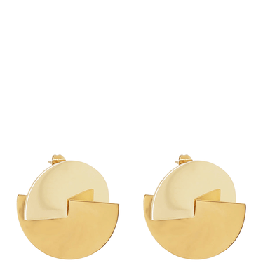 Gold earrings with a geometric design on a white background