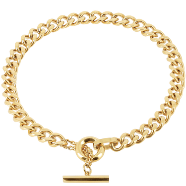 Gold chain bracelet with a clasp on a white background