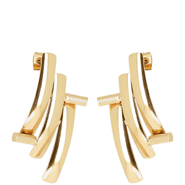 Gold earrings with a geometric design on a white background