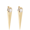 Gold spike earrings with clear gemstones on a white background