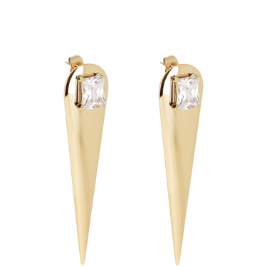 Gold spike earrings with clear gemstones on a white background