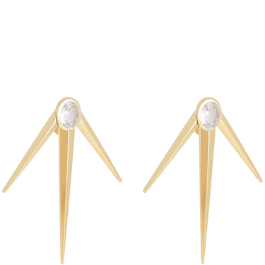Pair of gold earrings with a central gemstone on a white background