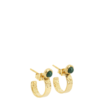 Gold hoop earrings with green gemstones on a white background