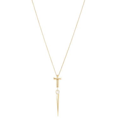 Gold necklace with a unique pendant on a white background