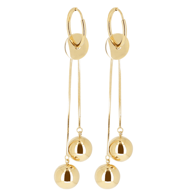 Gold hoop earrings with dangling gold balls on a white background