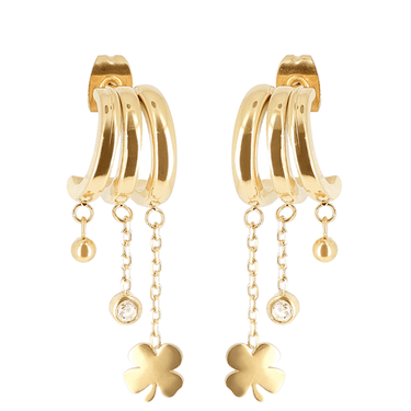 Gold hoop earrings with clover-shaped charms on a white background