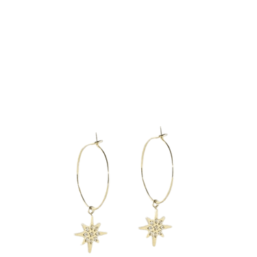 Gold hoop earrings with star-shaped charms on a white background