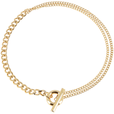 Gold chain necklace with a clasp on a white background