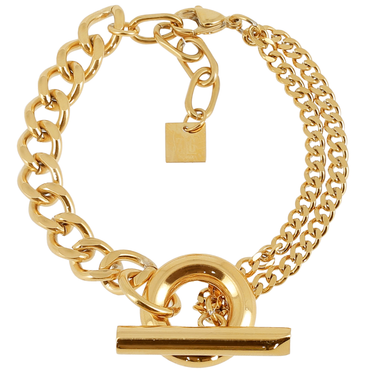 Gold chain bracelet with various links and a tag on a white background