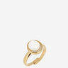 Gold ring with a central pearl and small diamonds on a white background