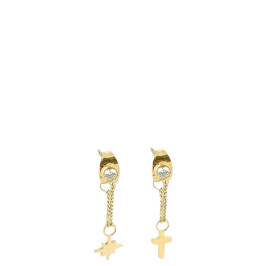 Gold earrings with chain and cross charms on a white background