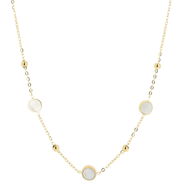 Gold necklace with circular pendants on a white background