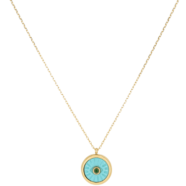 Necklace with a turquoise evil eye pendant on a white background