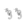 A pair of polished silver huggie hoop earrings with a double-ring design, shown on a light gray background with a soft reflection below.