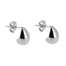 A pair of silver teardrop-shaped stud earrings with post-back closures, shown on a light gray background with a soft reflection below.