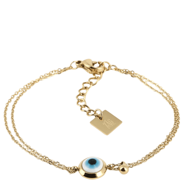 Gold bracelet with a blue evil eye charm on a white background