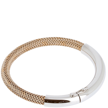 Bracelet with woven design and silver clasp on a white background