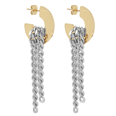 Gold and silver chain earrings on a white background