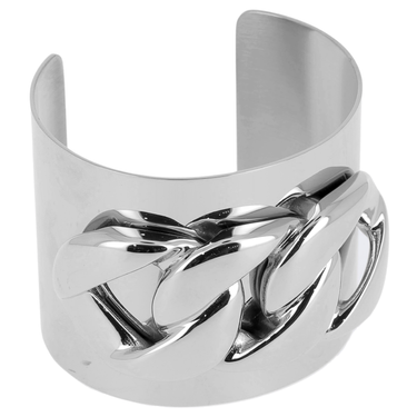 Silver cuff bracelet with braided design on a white background