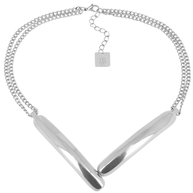 Silver necklace with a V-shaped pendant on a white background