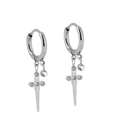 Silver hoop earrings with dagger-shaped charms on a white background
