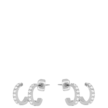 Silver hoop earrings with clear stones on a white background
