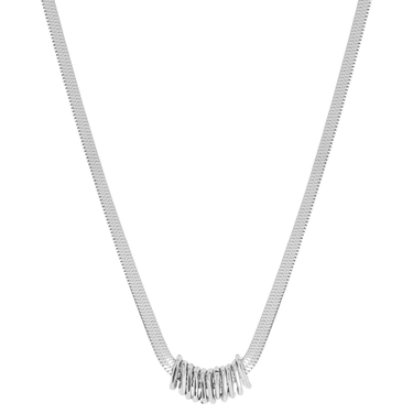 Silver necklace with a fringe pendant on a white background