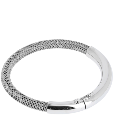Silver bracelet with woven design on a white background