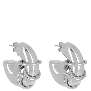 Pair of silver hoop earrings on a white background