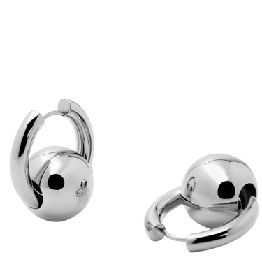 Pair of silver hoop earrings on a white background