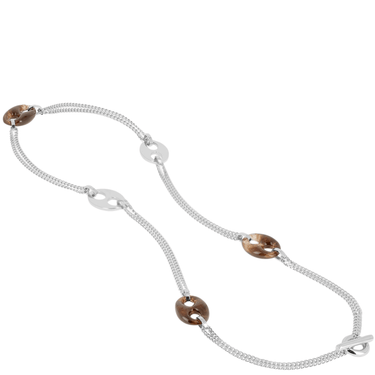 Silver chain necklace with brown circular accents on a white background