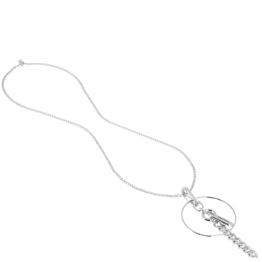 Silver necklace with a circular pendant on a white background